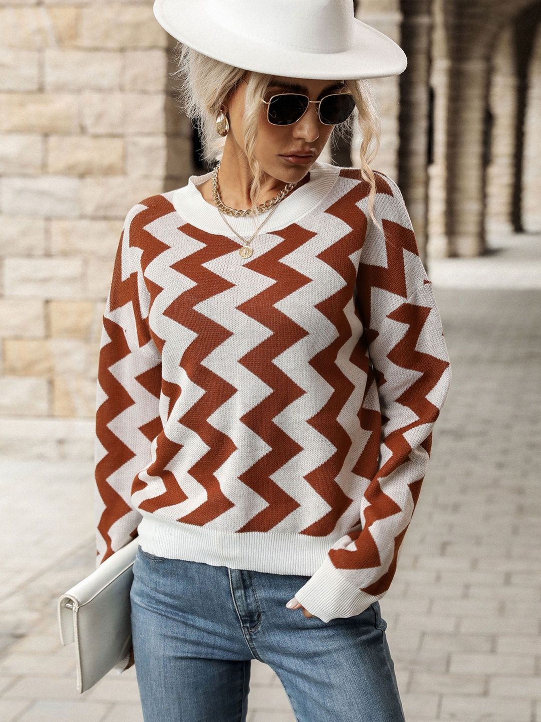 Women's White Printed Cotton Pullover Sweaters
