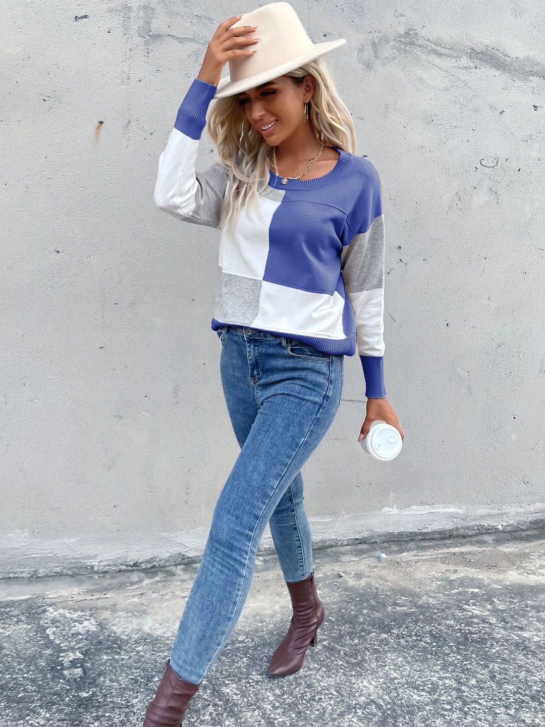 Women's Blue Colourblocked Pullover Blend