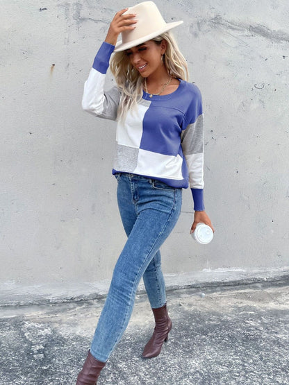 Women's Blue Colourblocked Pullover Blend