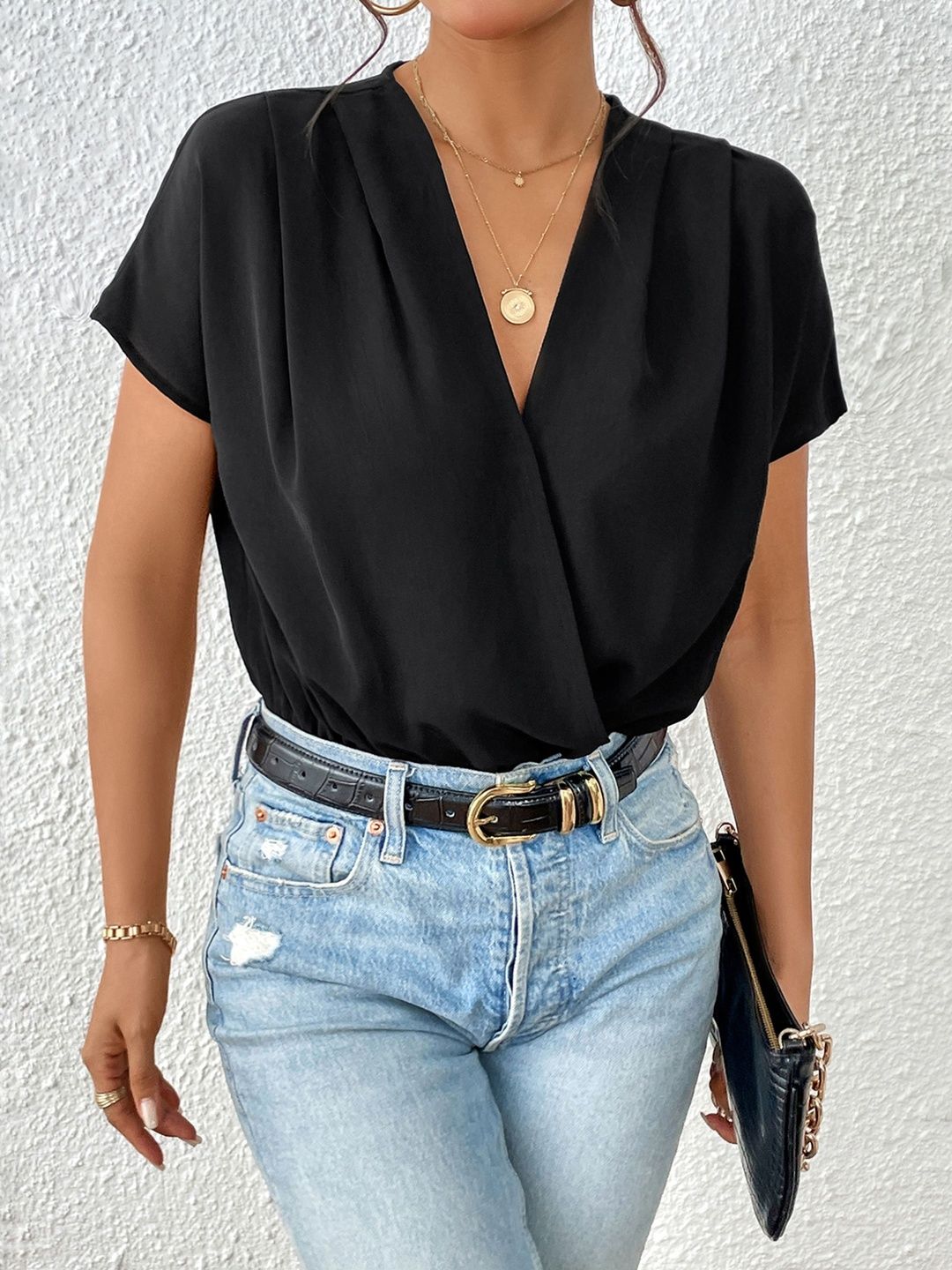 V Neck Bodysuit in Black polyester Short Sleeve - Nowi Korean Fashion