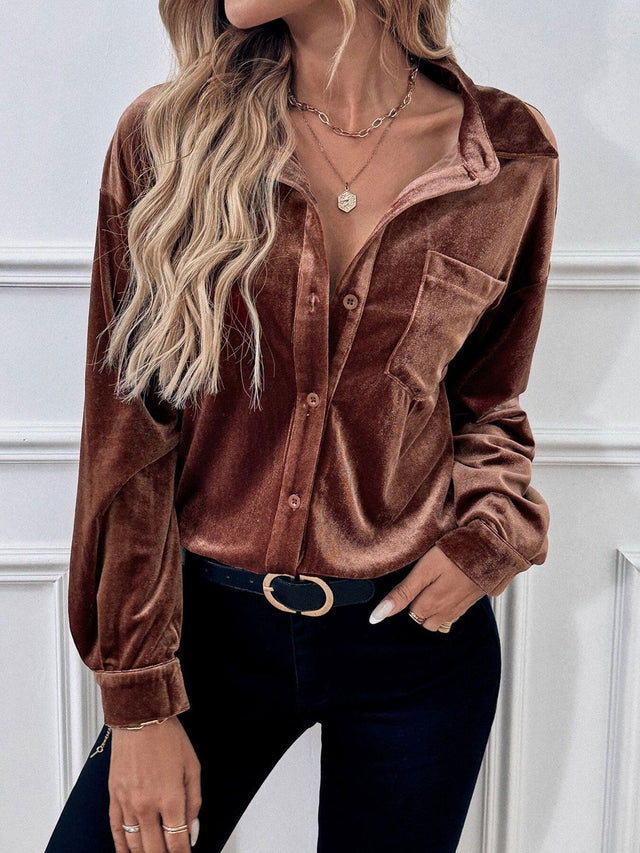 Casual Shirt in Brown Cotton Long Sleeve - Nowi Korean Fashion