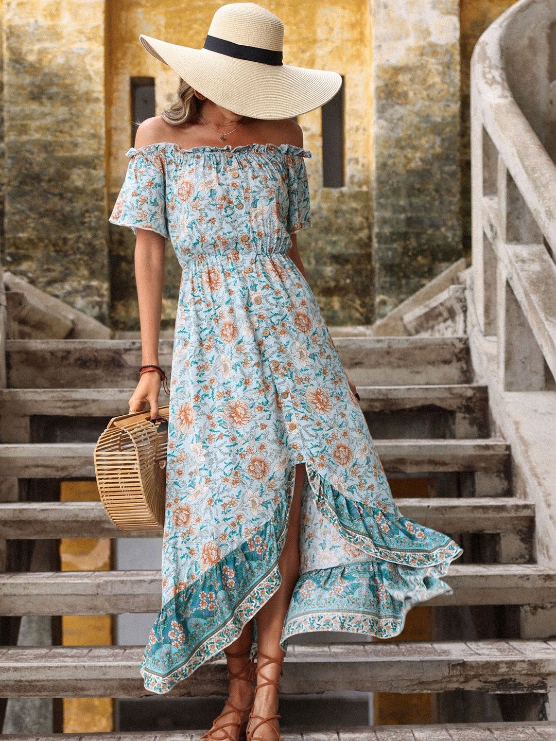 Floral Print Off-Shoulder Flared Sleeve A-Line Midi Dress