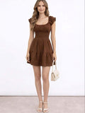 Flutter Sleeve Cotton Fit & Flare Mini Dress in Brown - Nowi Korean Fashion