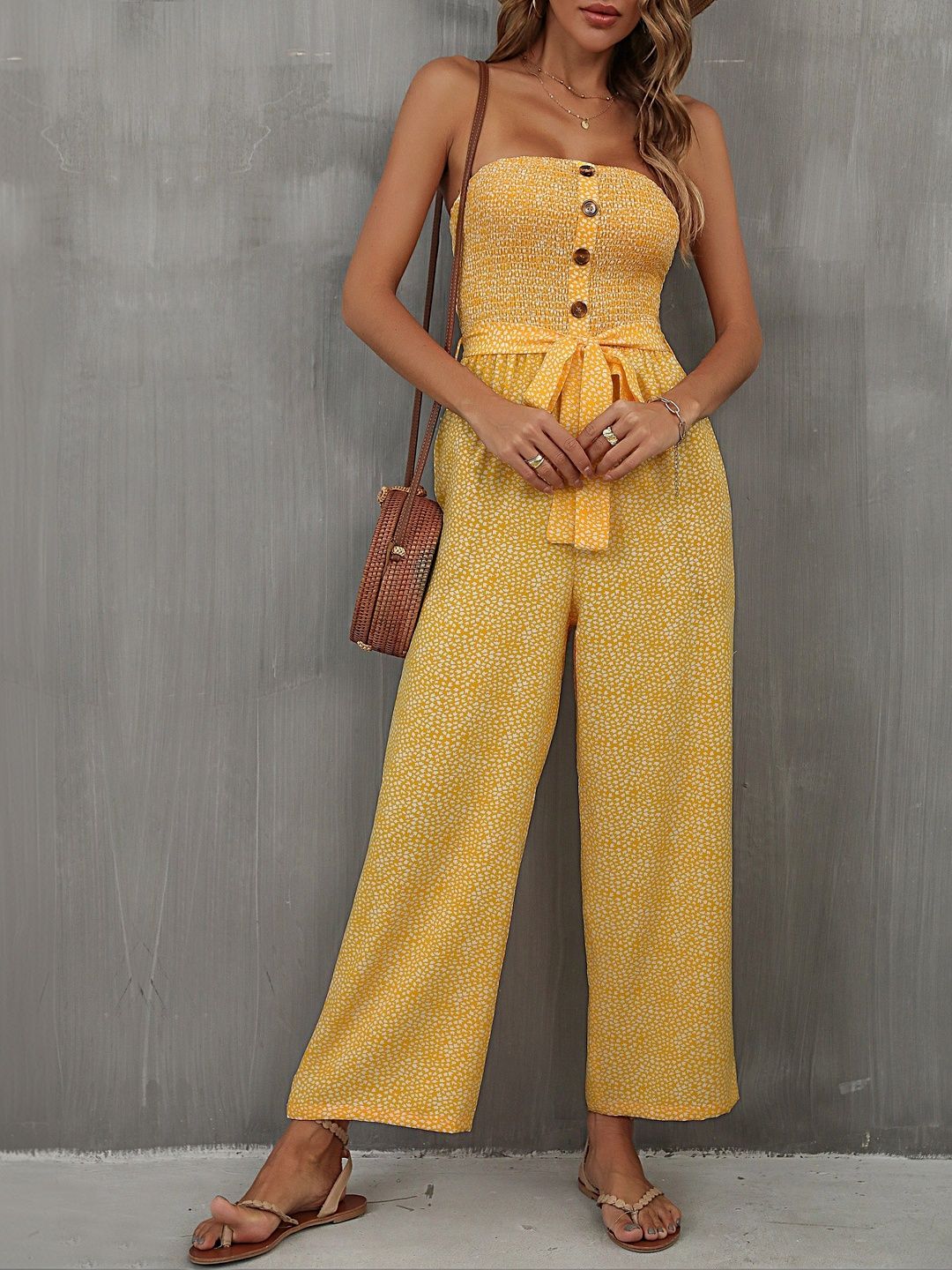 Printed Culotte Jumpsuit in Yellow cotton - Nowi Korean Fashion