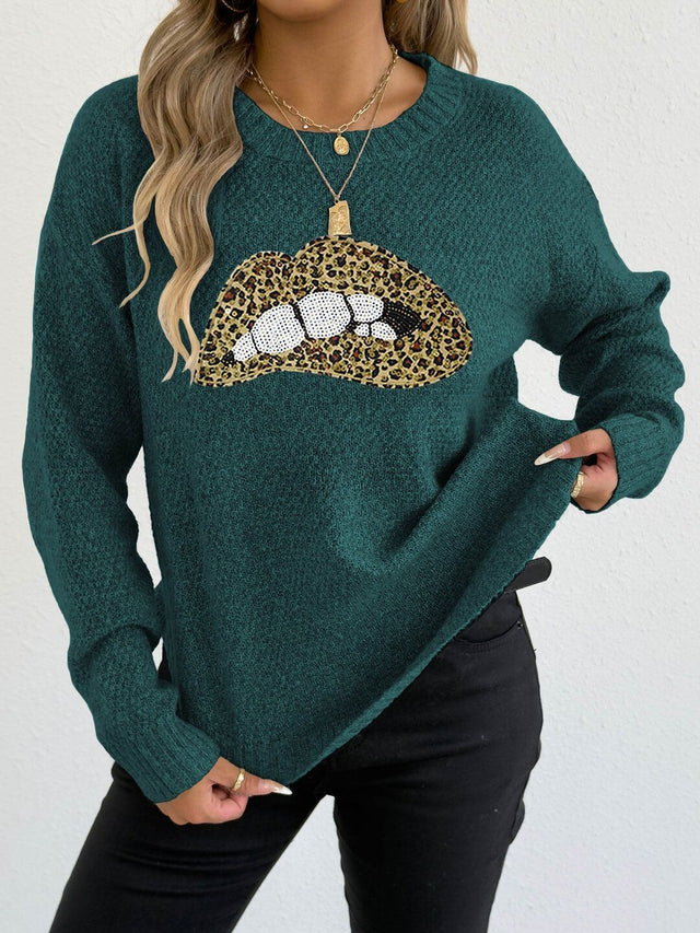 Animal Printed Pullover with Embellished Detail in Green acrylic Long Sleeve - Nowi Korean Fashion