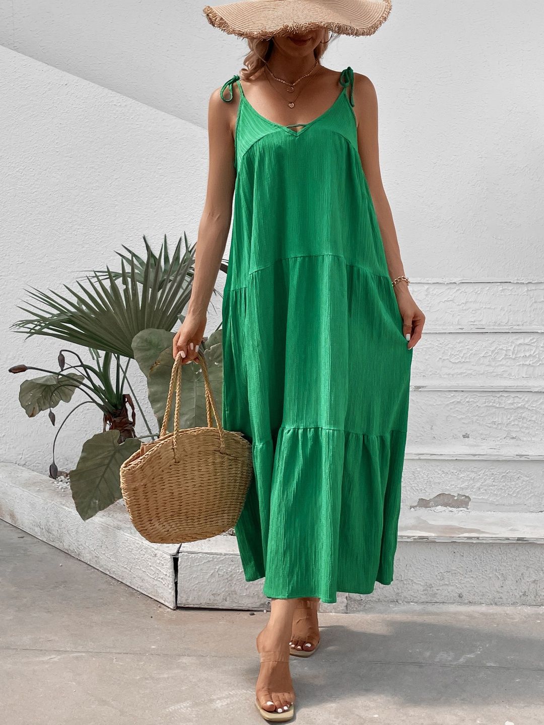 Casual Solid Maxi Dress in Green cotton - Nowi Korean Fashion