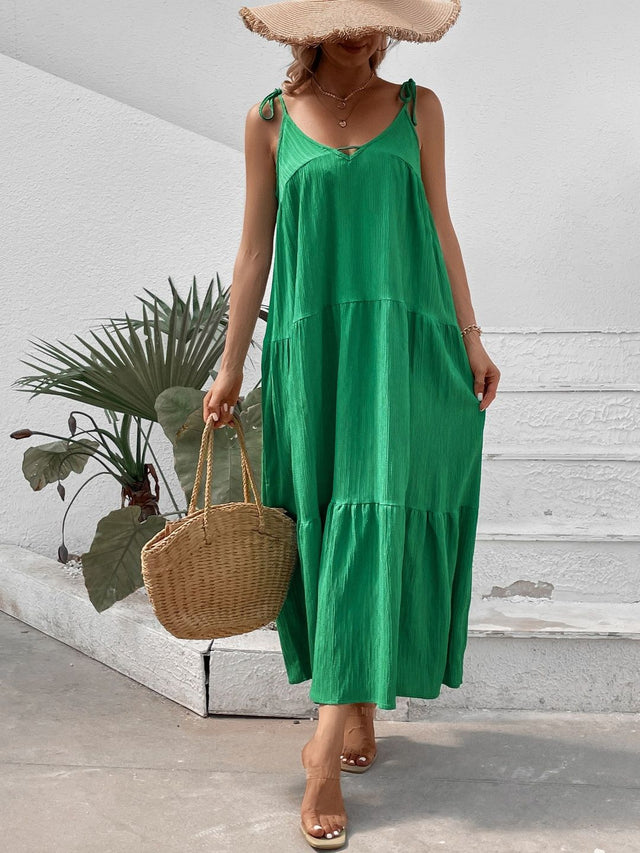 Casual Solid Maxi Dress in Green cotton - Nowi Korean Fashion
