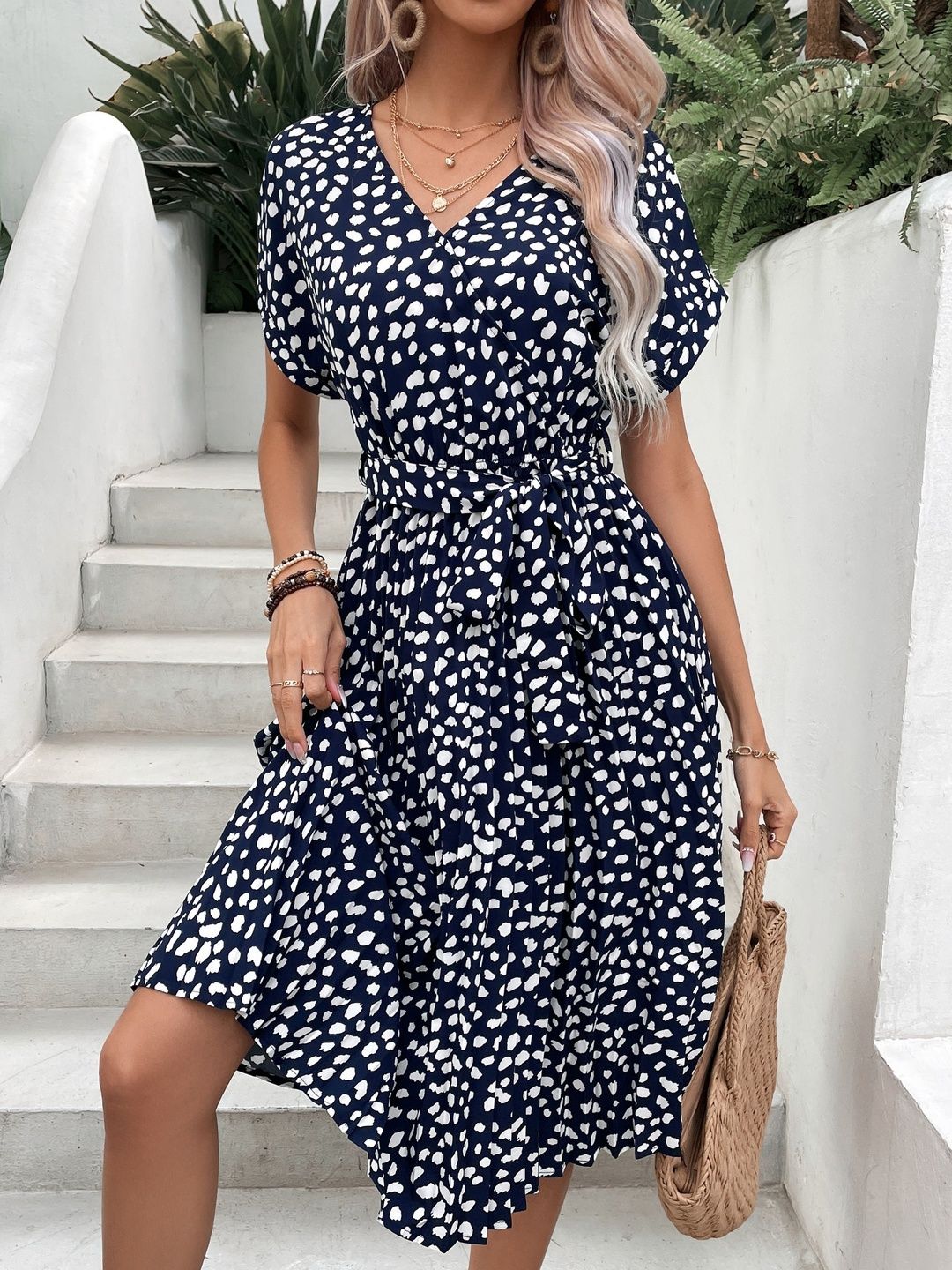 Print Fit & Flare Midi Dress Printed Short Sleeve - Nowi Korean Fashion