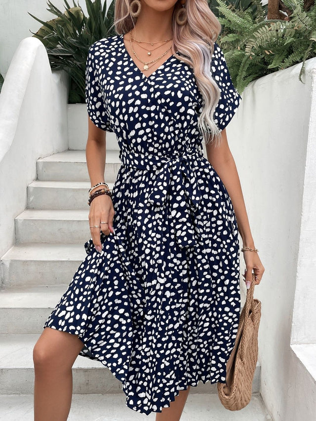 Print Fit & Flare Midi Dress Printed Short Sleeve - Nowi Korean Fashion