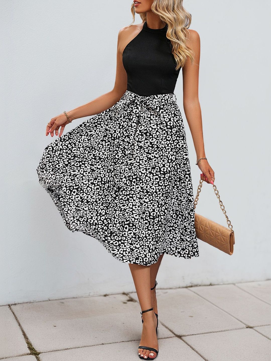 Animal Print Halter Neck Fit & Flare Midi Dress