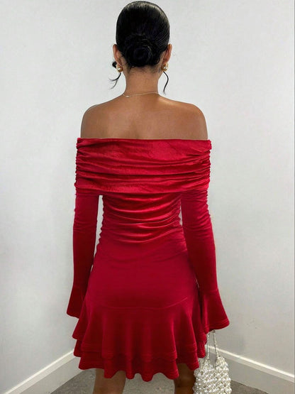 Women's Off-Shoulder Flared Sleeve Fit & Flare Mini Dress