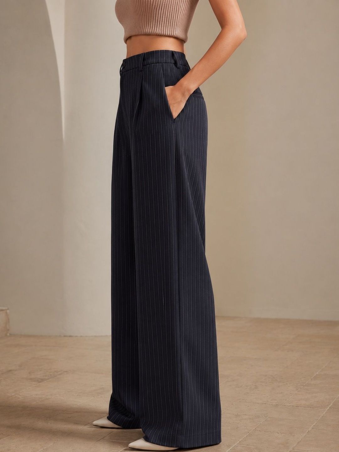 Women Striped Relaxed High-Rise Easy Wash Pleated Trousers