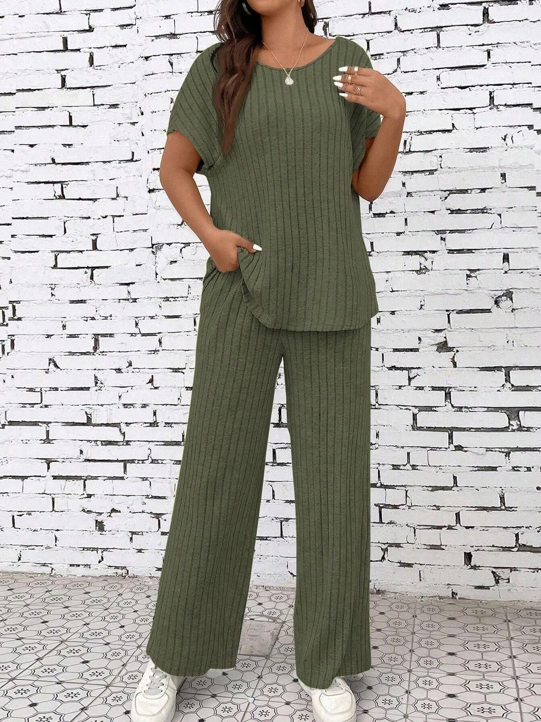 NOWI Women Round Neck Top & Trousers Co-Ords