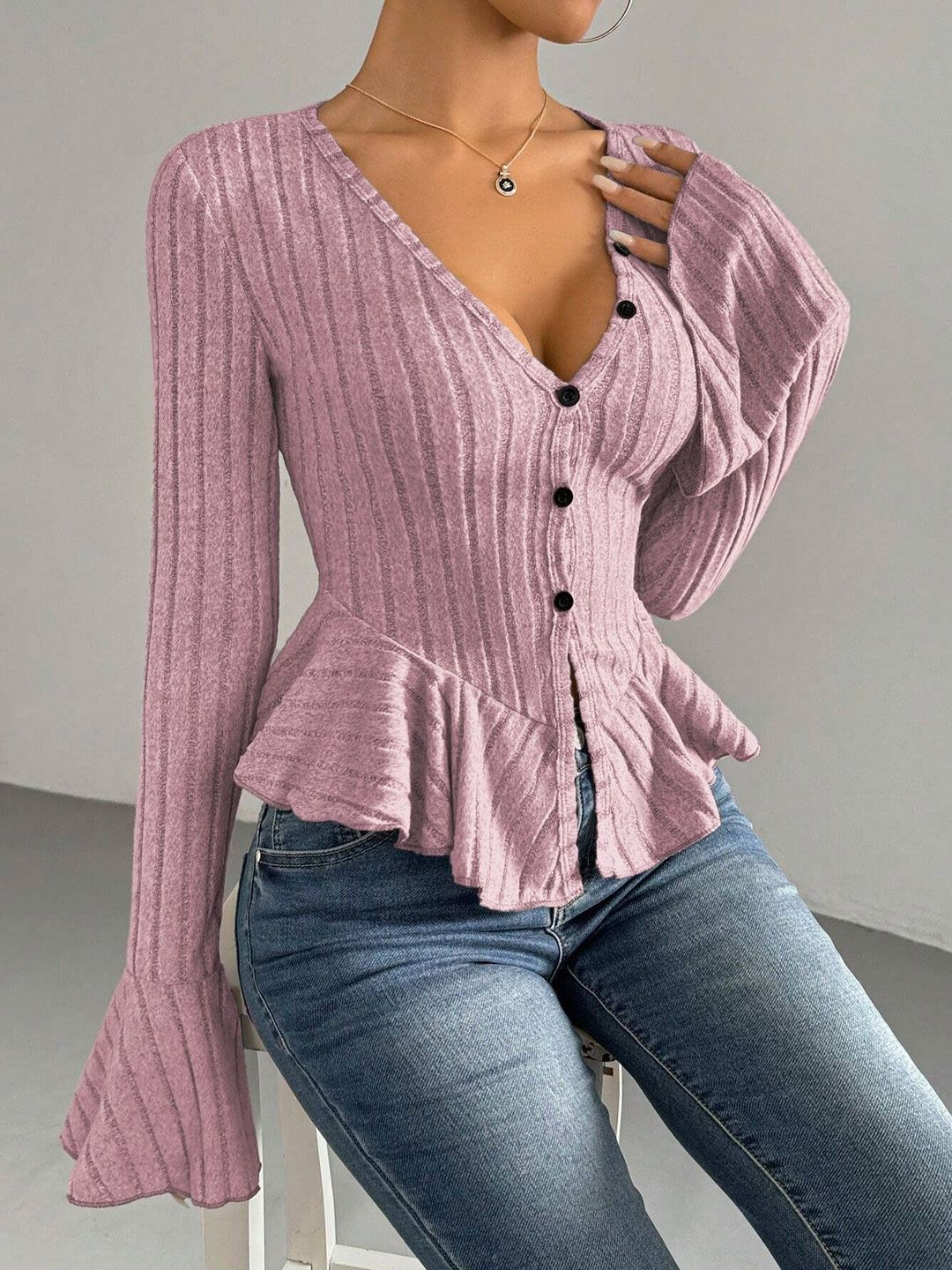 Women's Pink Bell Sleeve Ruffles Cotton Peplum Top