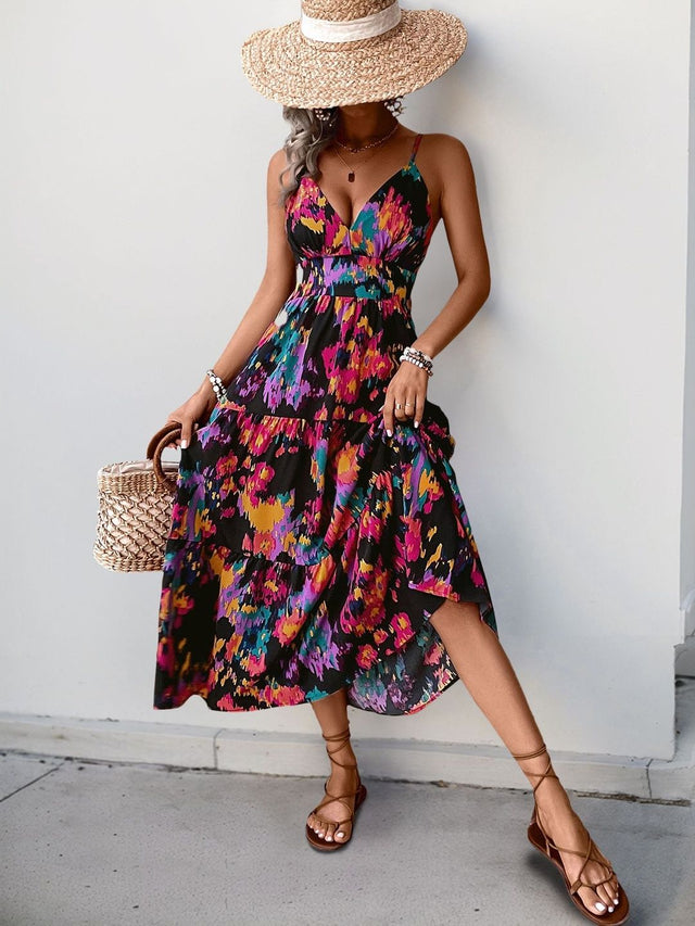 Print Fit & Flare Midi Dress in Black cotton Printed Sleeveless - Nowi Korean Fashion