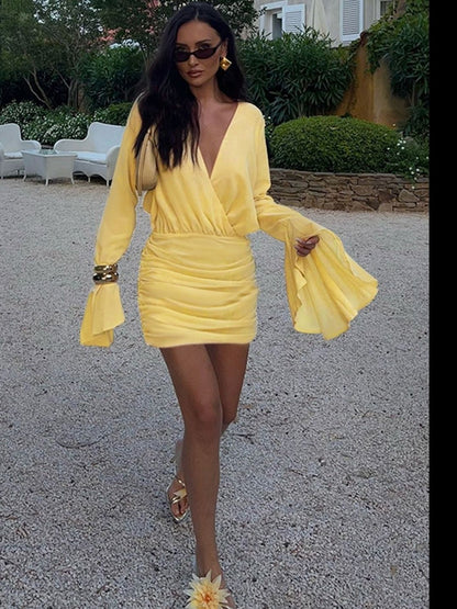 Flared Sleeve Mini Dress in Yellow synthetic - Nowi Korean Fashion
