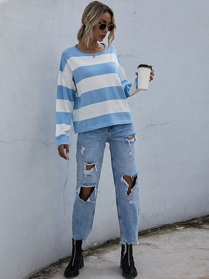 Striped Pullover in Blue Style 183 - Nowi Korean Fashion