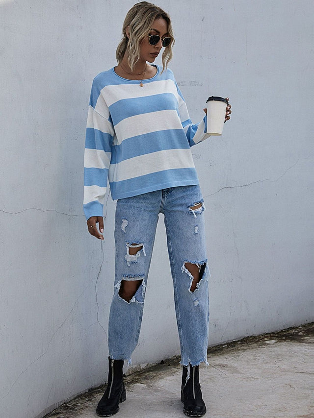 Striped Pullover in Blue Style 183 - Nowi Korean Fashion