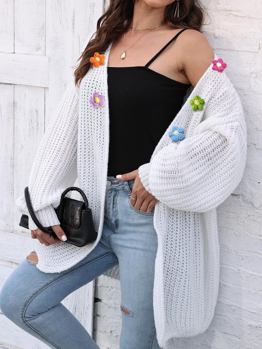 Women Ribbed Longline Cardigan with Applique Detail
