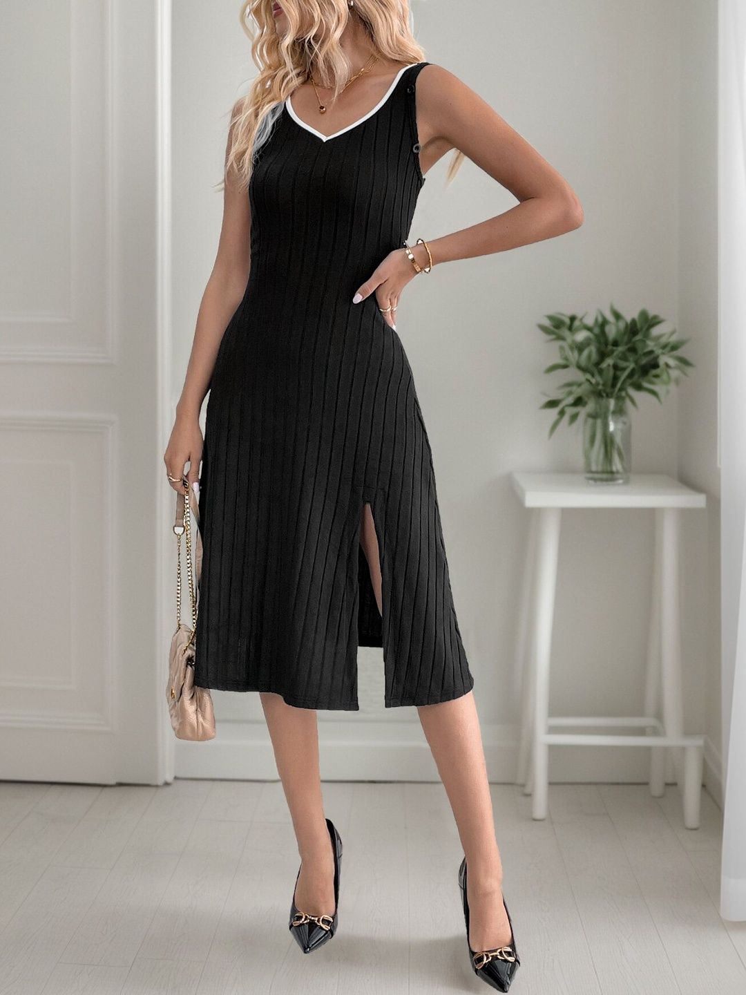 Bodycon Midi Dress in Black Style 584 - Nowi Korean Fashion