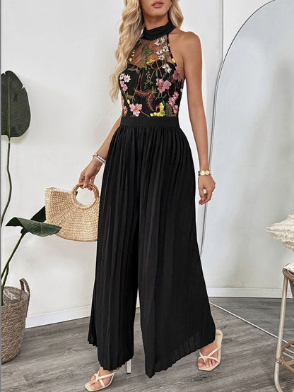 Halter Neck Basic Jumpsuit with Embroidered in Black polyester - Nowi Korean Fashion