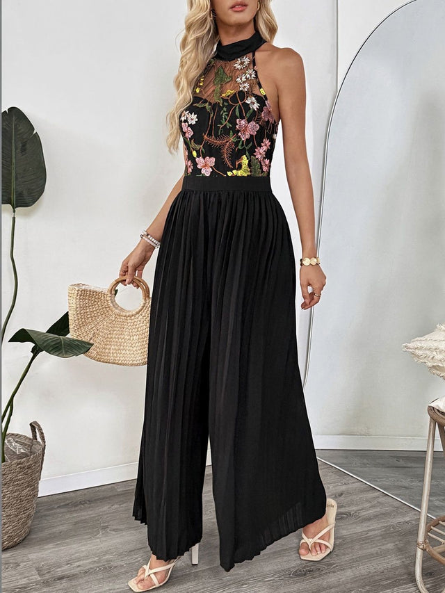 Halter Neck Basic Jumpsuit with Embroidered in Black polyester - Nowi Korean Fashion