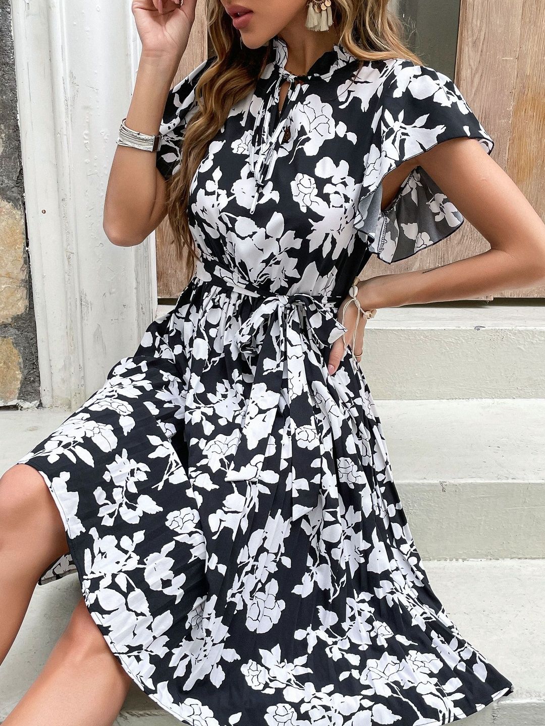 Floral Print Flutter Sleeve Fit & Flare Dress
