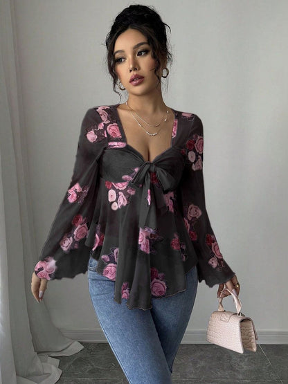 Floral Print Sweetheart Neck Flared Sleeve Top