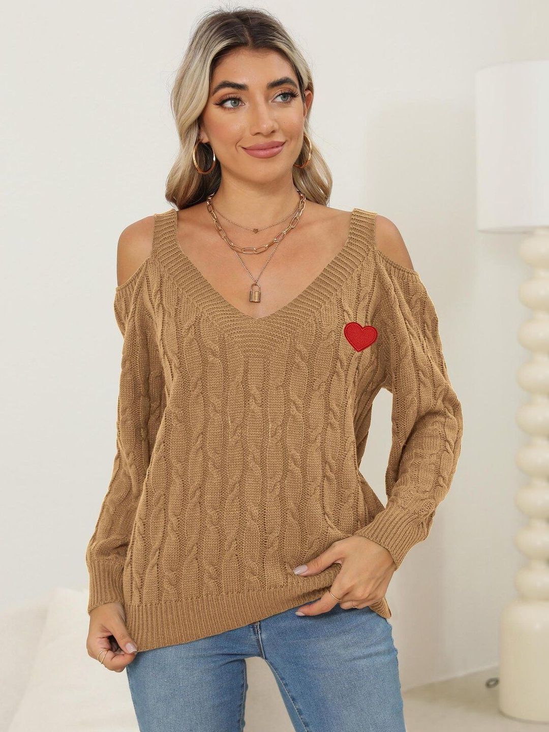 Women Cable Knit Pullover with Embroidered Detail
