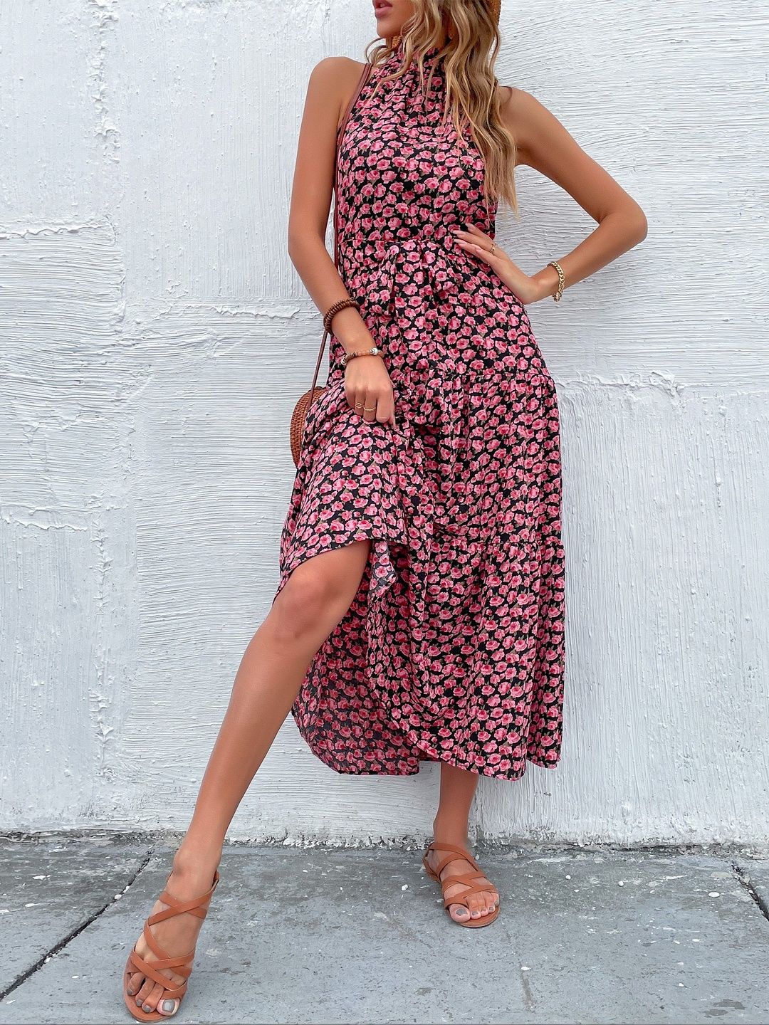 Floral Print Halter Neck A-Line Midi Dress