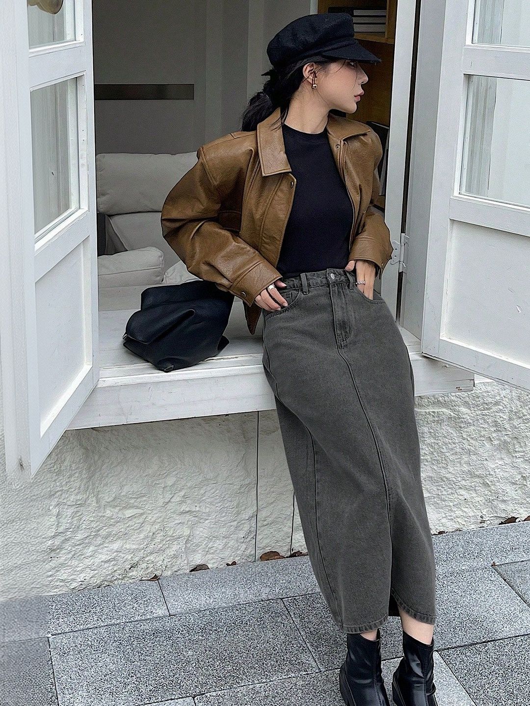 NOWI Women High Rise Back Slit Denim Straight Midi Skirt