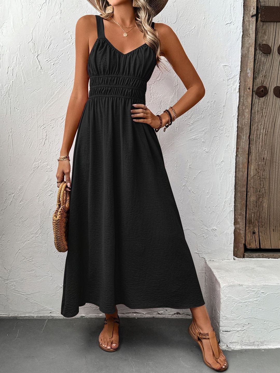 A-Line Midi Dress in Black cotton Style 356 - Nowi Korean Fashion