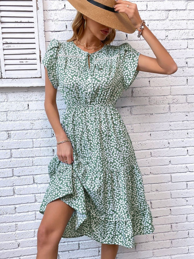 Floral Print Puff Sleeve Fit & Flare Dress in Green cotton - Nowi Korean Fashion