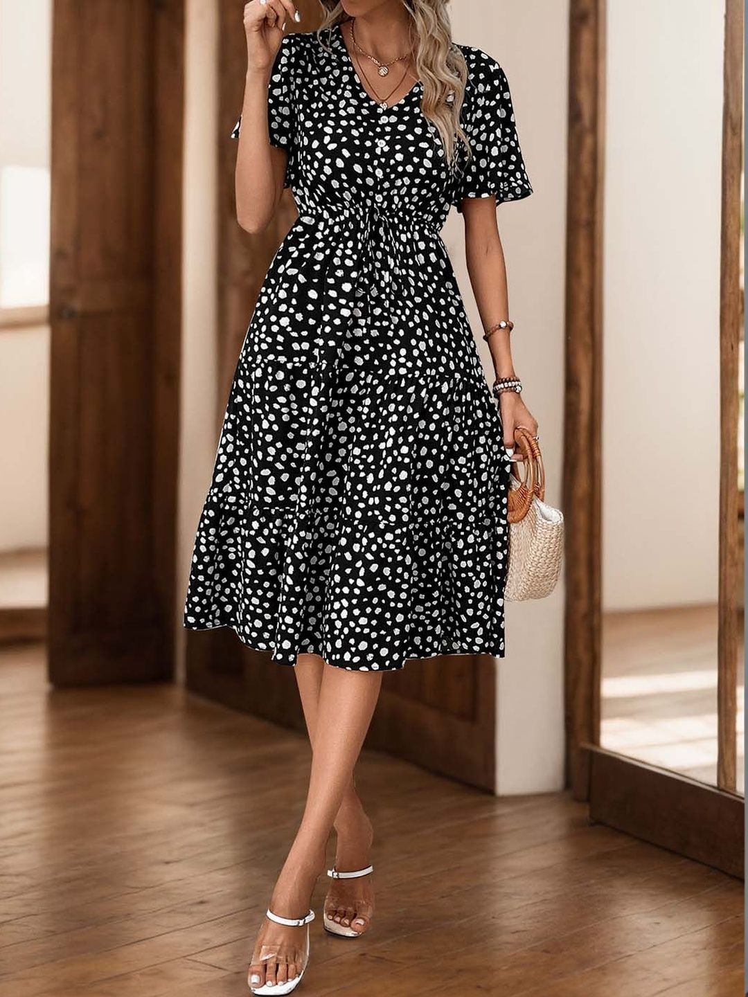 NOWI Polka Dot Printed Flared Sleeve Fit & Flare Midi Dress