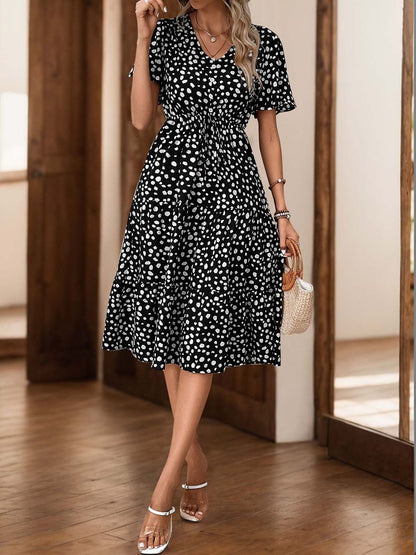 NOWI Polka Dot Printed Flared Sleeve Fit & Flare Midi Dress