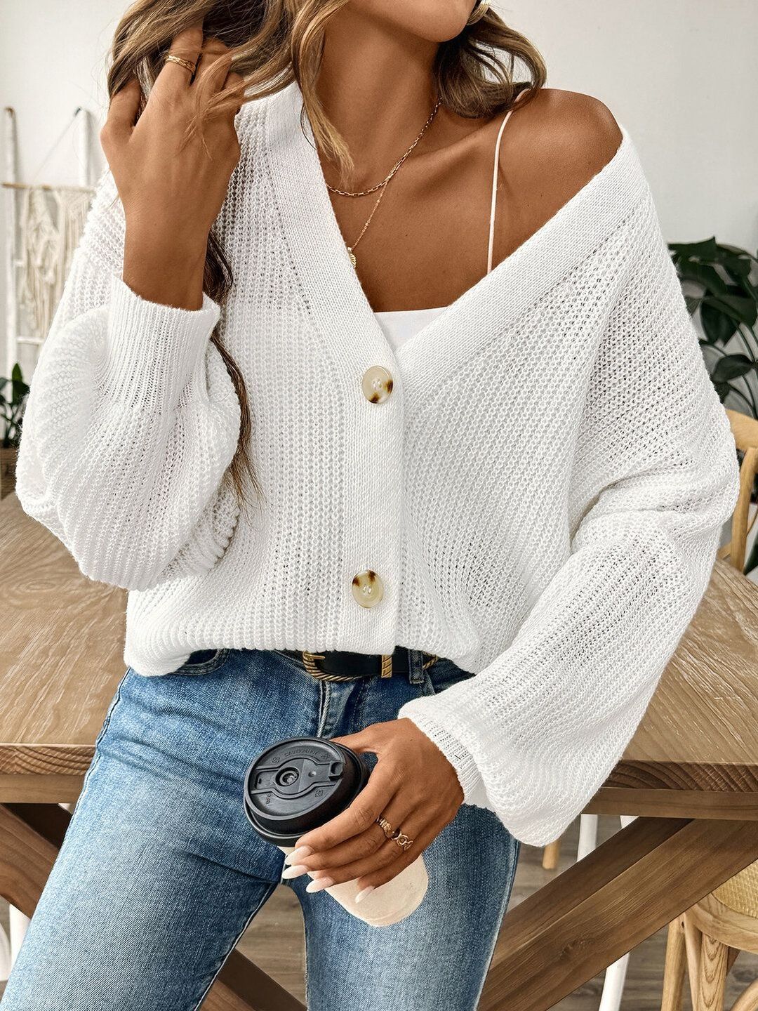 Ribbed Cardigan in White cotton - Nowi Korean Fashion
