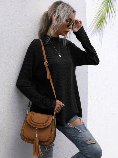 Women's Black Ribbed Pullover Blend Printed Regular Fit