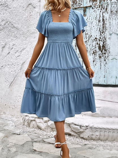 Off-Shoulder Flutter Sleeve Fit & Flare Midi Dress
