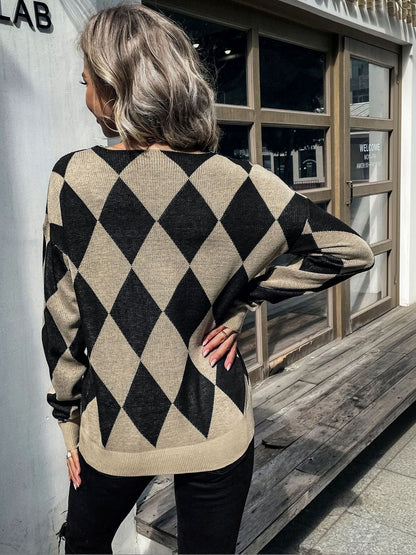 Women's Black Argyle Colourblocked Pullover