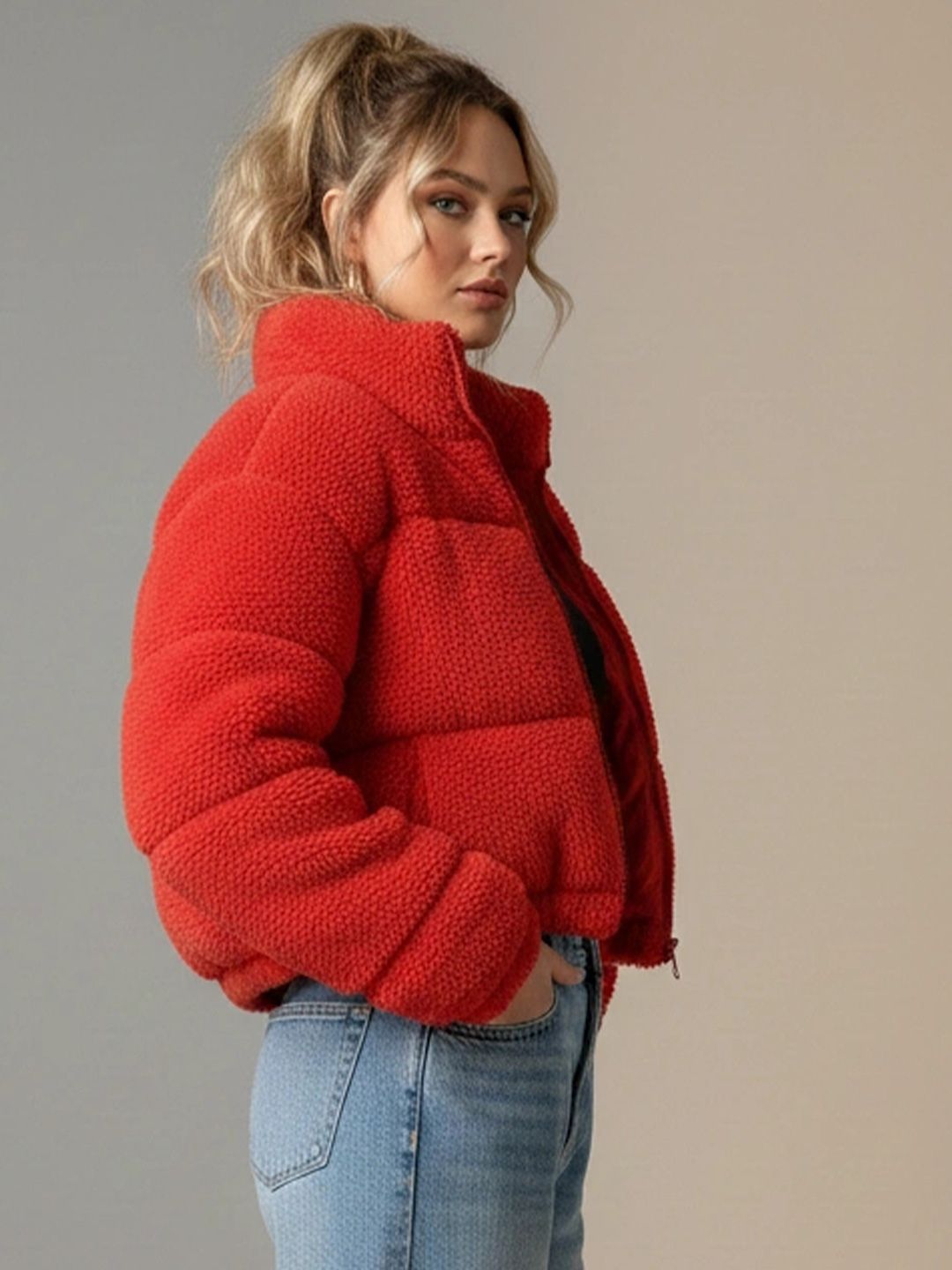 NOWI Women Woollen Crop Puffer Jacket