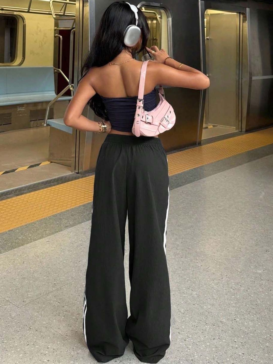 Black and White Striped Relaxed Fit Wide Leg Trousers