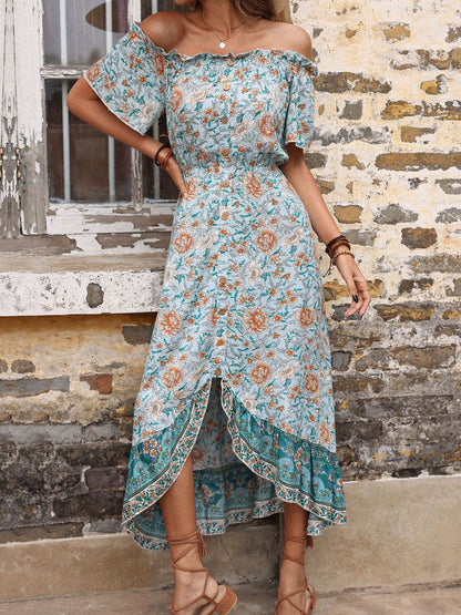 Floral Print Off-Shoulder Flared Sleeve A-Line Midi Dress