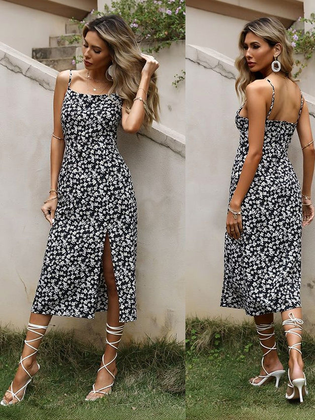 Floral Print A-Line Midi Dress in Black cotton Style 682 - Nowi Korean Fashion