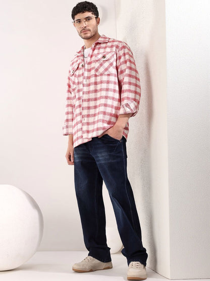 Checked Spread Collar Shackets in Red Cotton - Nowi Korean Fashion