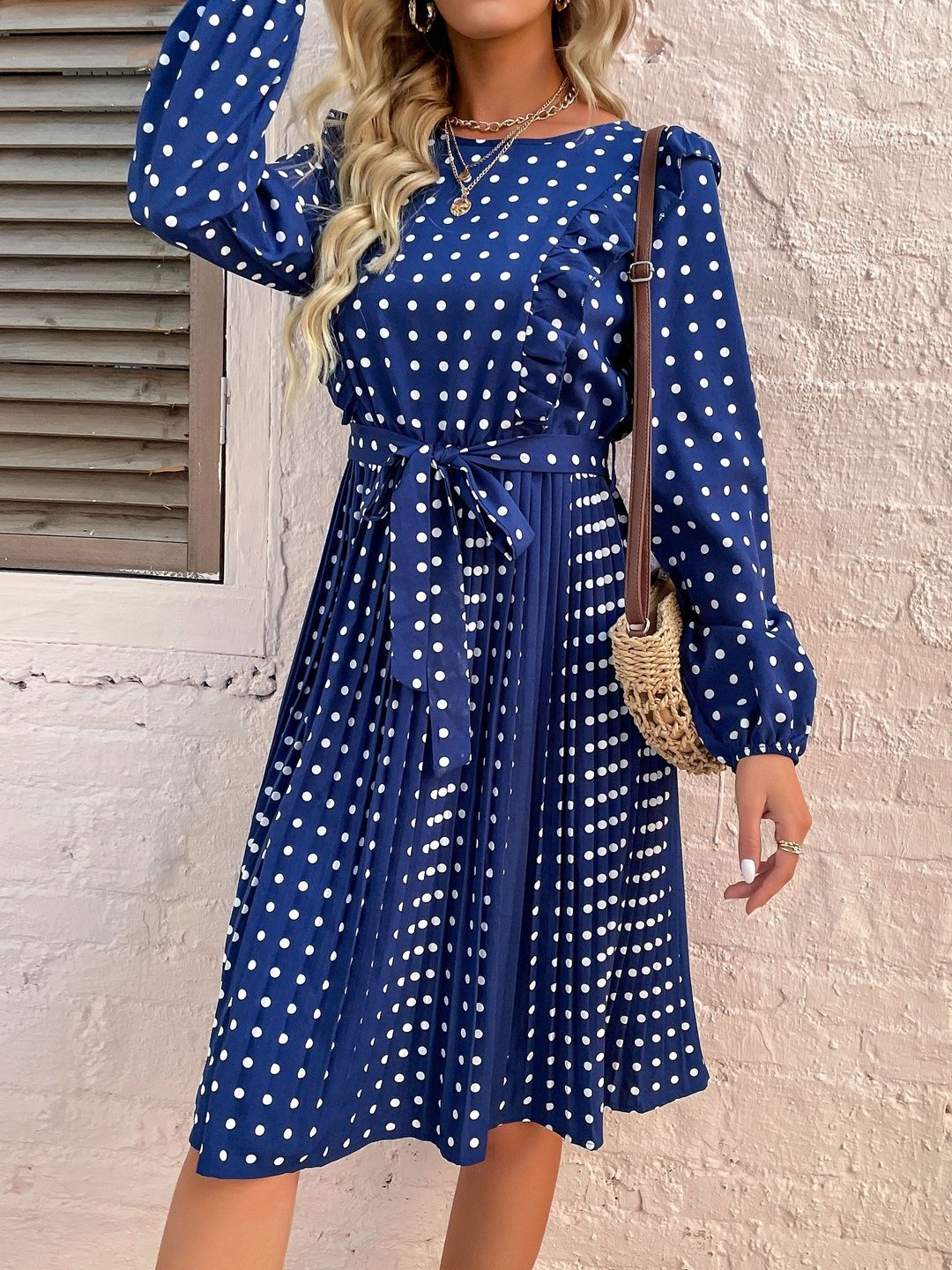 Women's Blue Nowi Polka Dot Print Fit & Flare Midi Dress
