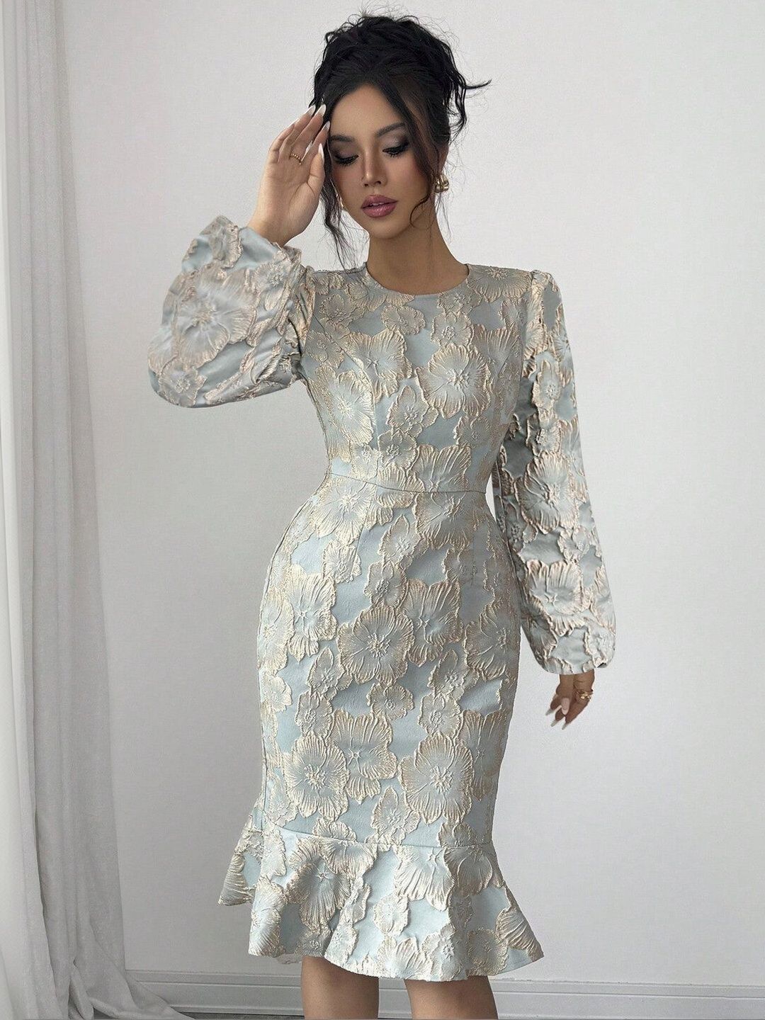 Bishop Sleeve Ruffled Sheath Midi Dress