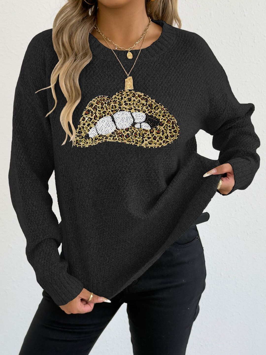 Animal Printed Pullover with Embellished Detail in Black acrylic - Nowi Korean Fashion