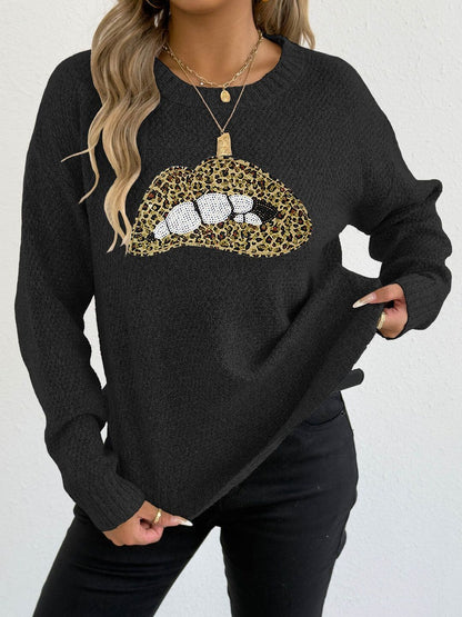 Animal Printed Pullover with Embellished Detail in Black acrylic - Nowi Korean Fashion