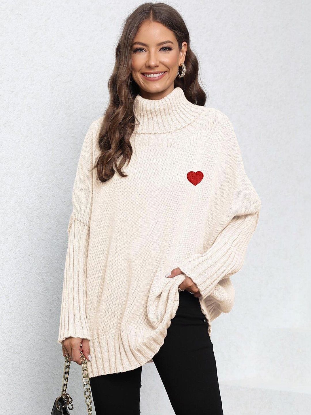 Pullover with Embroidered Detail in Beige acrylic - Nowi Korean Fashion