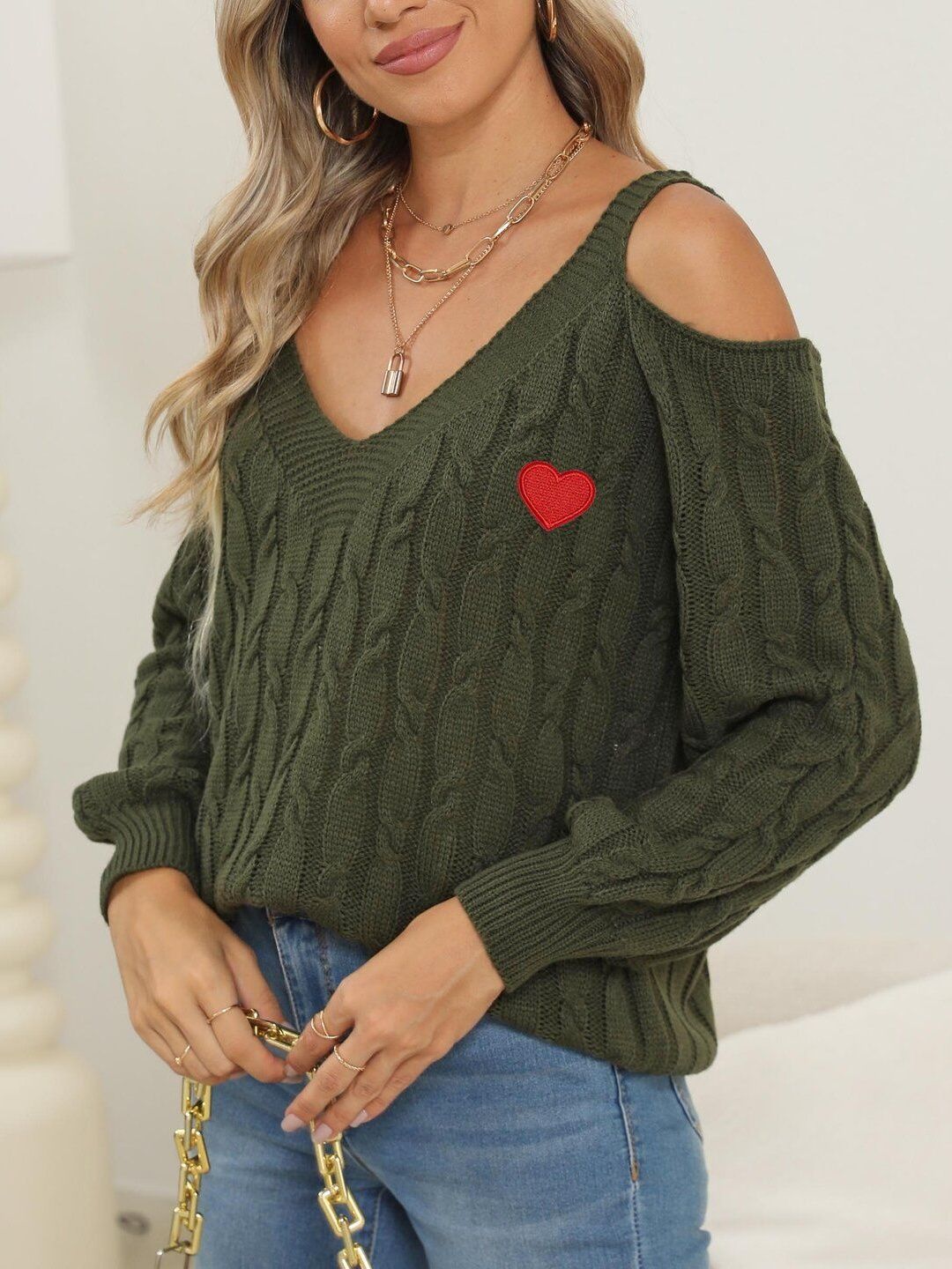 Women Cable Knit Pullover with Embroidered Detail